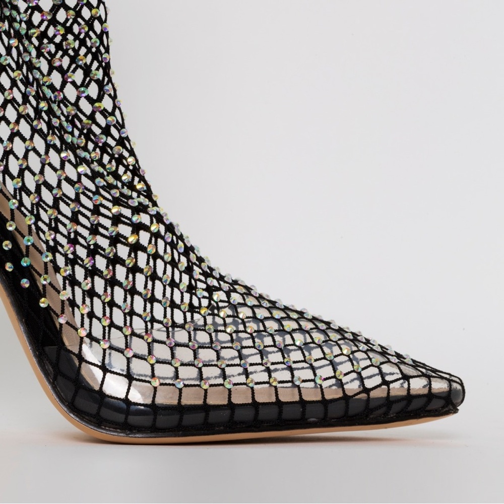 New!! KRYSTAL BLACK DIAMANTE FISHNET HEELS 8.5 - Picture 6 of 11